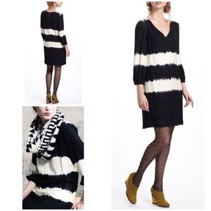 Anthropologie Floreat Inkwash Black White Tie-Dye Shift 3/4 Sleeves Tunic Dress 